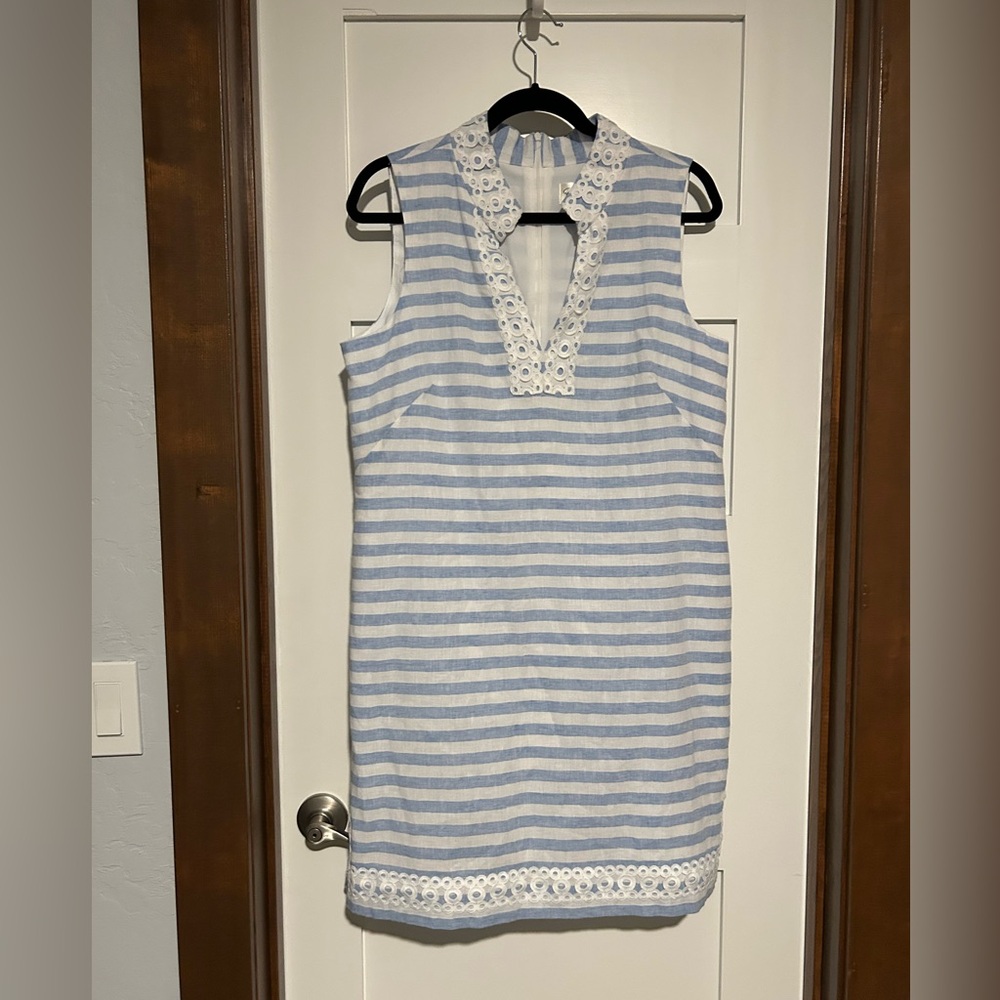 Eliza J Blue and White Striped Linen Midi Dress Size Large